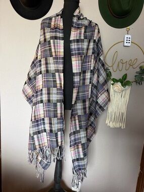 H&M Multi-Color Plaid Fringe Wrap Scarf